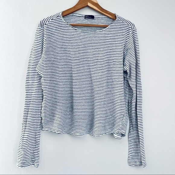 GAP Black White Stripes Striped Stripe 100% Linen Top Large Minimalist - Picture 1 of 8